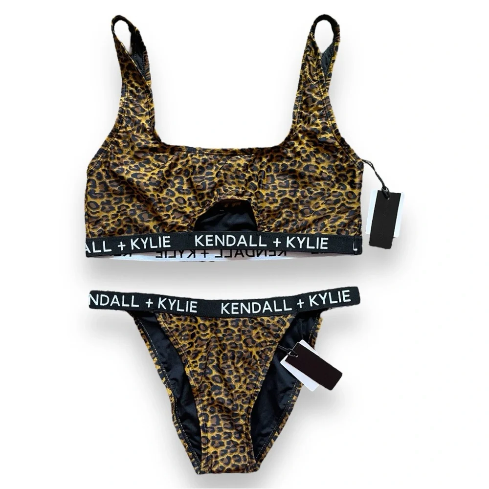 Kendall & Kylie Leopard Print Cutout Cheeky Statement Two-Piece Bikini Set